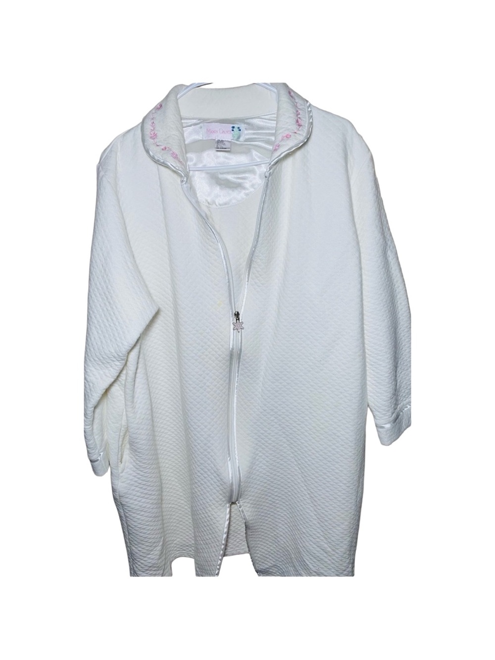 Vintage Moon Dance White Quilted Robe Zip Pink Embroidered Collar Grannycore L